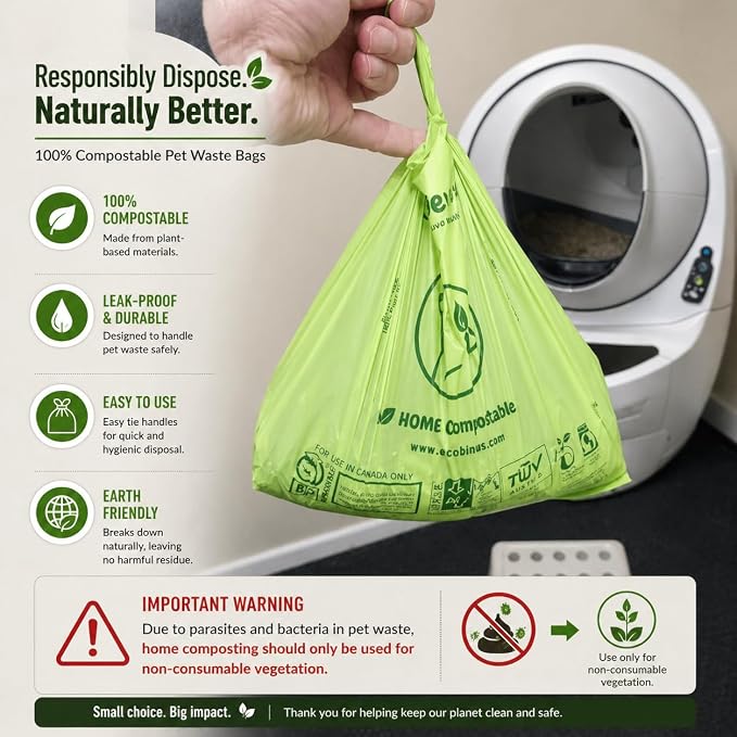 100% Compostable XL Pet Waste Bag (120 ct.) Plant-Based Cat Litter Bags Cornstarch-Based Doggy Poop Bags with Handles Compost Liners US BPI ASTM D6400 & OK Compost Home Certified (120 ct)