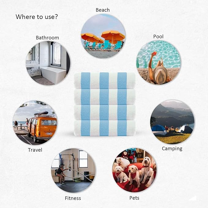 CASA COPENHAGEN Cabana Beach Towel Designed in Denmark Rough and Tough, Quick Dry, Beach, Pool, Bath & Shower 30x60 inches 4 Pieces Cotton Beach Bath Towels Set - Sky Blue