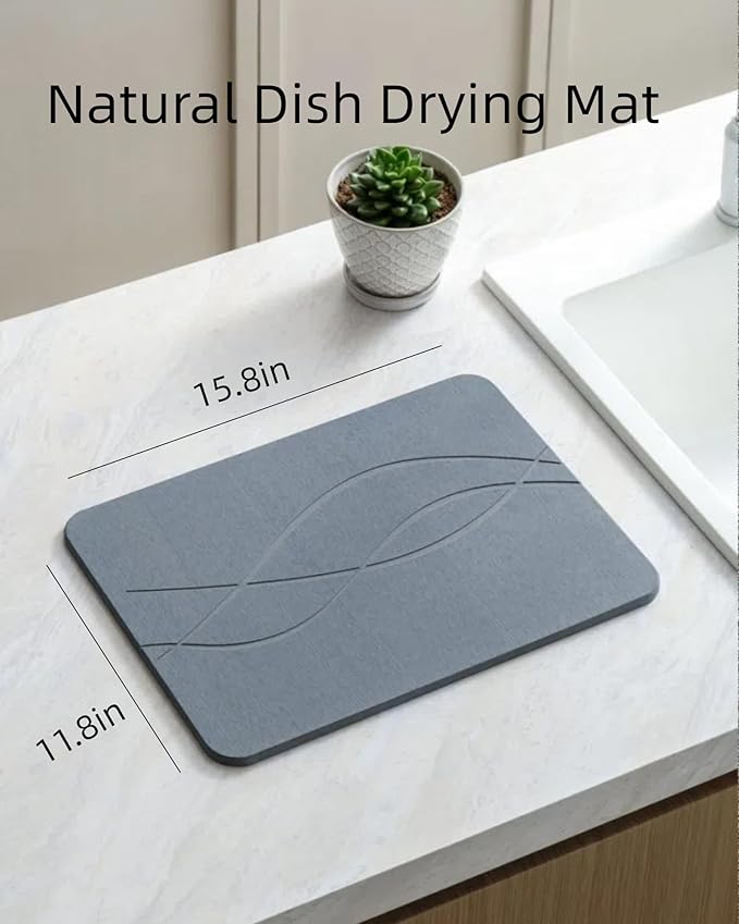 Stone Dish Drying Mat for Kitchen Counter, Super Absorbant Fast Drying Diatomaceous Earth Stone Dish Drying Mat Compact, Kitchen Mat Small Nonslip Heat Resistant, 15.8*11.8'',Gray