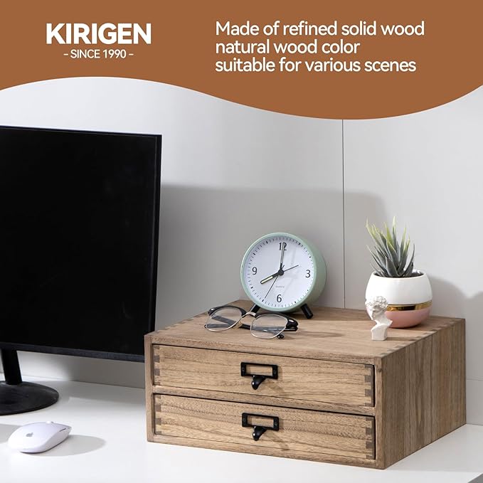 KIRIGEN Wooden Desk Organizer with 2 Drawers, Wood Desktop Storage Cabinet, Shallow Office Drawer Organizer for Printer Paper and Mail, No Assembly, 13.78 W x 10.6 D x 5.9 H In, FAX-DBR
