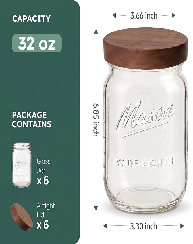 6 Pack 32 oz Glass Jars, Wide Mouth Mason Jars with Acacia Wood Airtight Lids for Food Storage, Snacks, Meal Prep & Lunch Leakproof