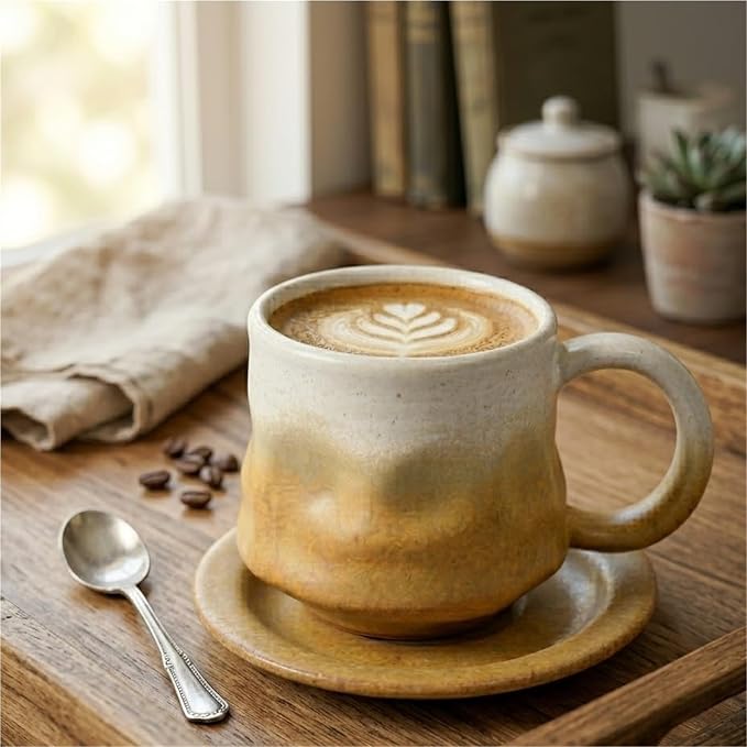 Handmade gradient ceramic coffee cup and saucer set, 8-ounce ceramic mug, distinctive glaze technology, microwave/dishwasher safe for coffee, tea, latte, rustic craftsman style(Gradient yellow)