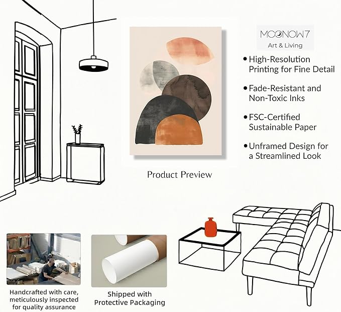 Moonow7 Modern Abstract Neutral Geometric Print, Minimalist Aesthetic Poster for Bedroom, Living Room, Office, Unframed Size 50x70 cm / 20x28″