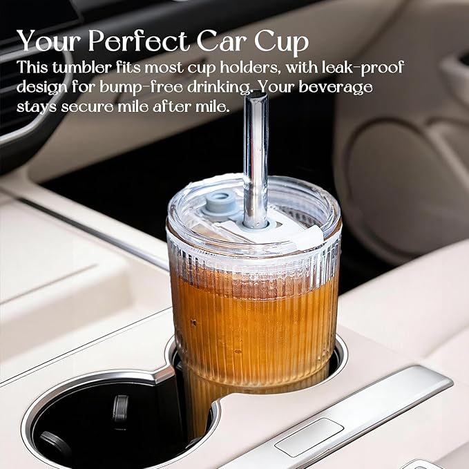 KEMORELA 20oz Ribbed Glass Tumblers with Reusable Stainless Steel Straws, Bamboo & Leak-Proof Dual Lids, Extra-Wide 13mm straw, 2Pc Vintage Drinking Glasses for Boba,Iced Coffee, Smoothies,Travel Cups