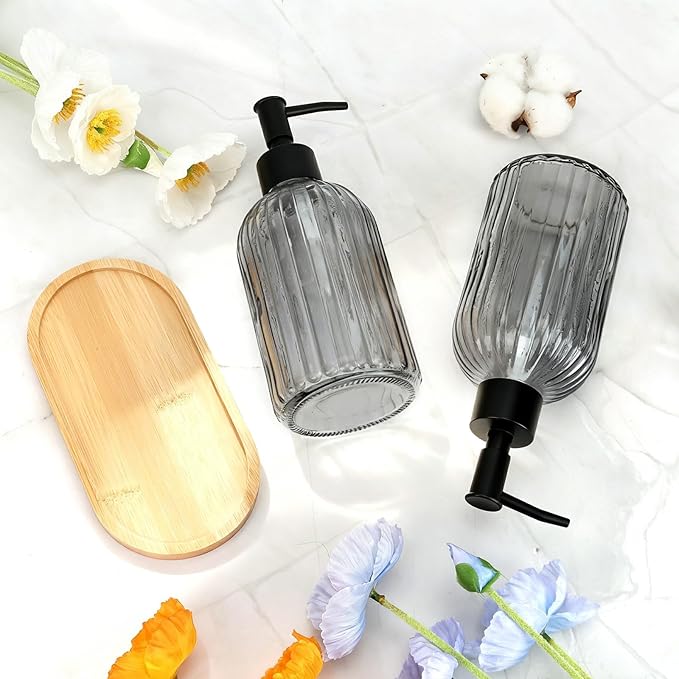 Glass Soap Dispenser Set with Wood Tray, Glass Soap Dispenser with Plastic Pump, Hand and Dish Set for Bathroom Decor (Grey)