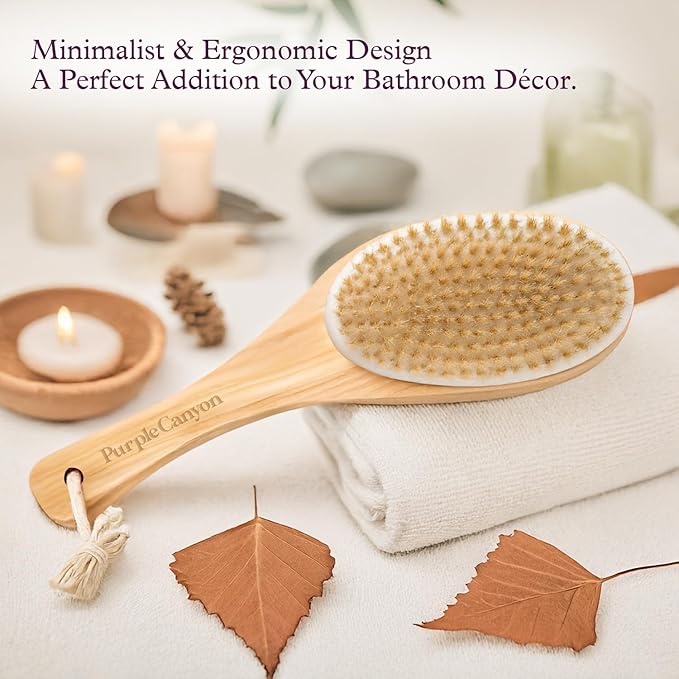 Purple Canyon Body Brush – Natural Boar Bristle Dry Brush for Exfoliating, Lymphatic Drainage, Cellulite Appearance, and Circulation – Curved Wooden Handle for Easy Back & Body Brushing
