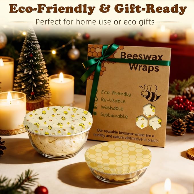 Reusable Beeswax Bowl Covers for Bread Proofing & Food Storage, Eco-Friendly Organic Cotton & Natural Wax & Resin, for Baking, Picnic, Pet Food, Sustainable Kitchen (Honeybee001, 2*12''+2*10''+2*8'')