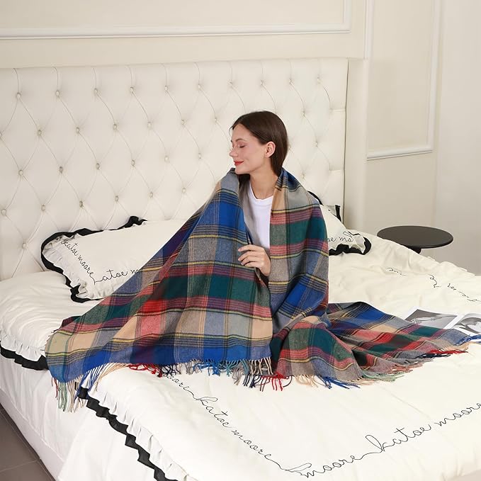 100% Wool Blanket Throw,Blue Plaid Wool Blanket with Compact Bag,Rustic Soft Lightweight Blanket for Couch,Sofa,Bed & Lounging Decoration, Warm Travel Blanket for Home, Airplane,Ideal Gifts 55"x83"
