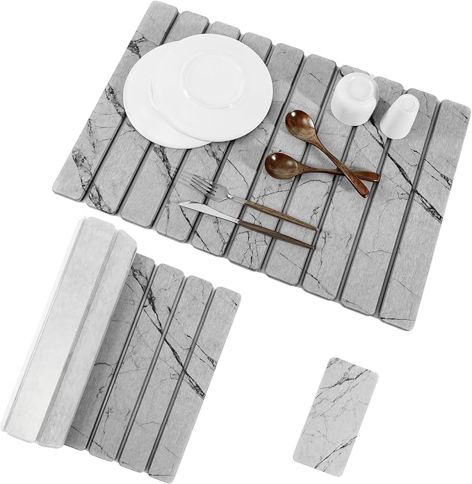 2pcs Stone Dish Drying Mat for Kitchen Counter, Quick-Dry Diatomaceous Earth Water Absorbent Pad & Countertop Drainer, Home Essentials for Bath and Pets - Marble Light Grey, 24x16’’ & 8x4’’