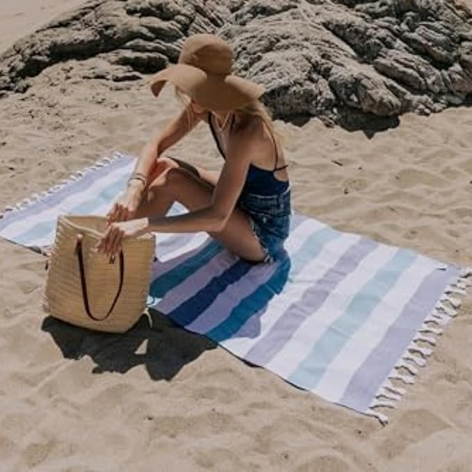 InfuseZen Terry Cloth Lined Turkish Bath & Beach Towel – Striped Design - 100% Organic Turkish Cotton - Soft, Lightweight, Absorbent Peshtemal - Quick Dry for Beach, Bath, Throw, Travel - Navy/Aqua