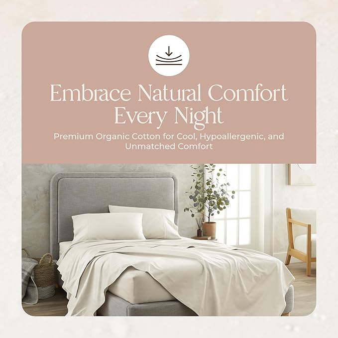 100% Organic Cotton Sheets Cal King Size - GOTS Certified Organic Bed Sheets with Deep Pocket 300 Thread Count & Cozy Sateen Weave Gets Softer with Each Wash - Luxury 4 Piece Set (Natural, Cal King)