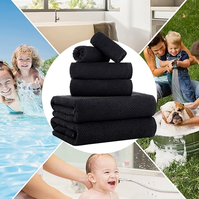 CASA COPENHAGEN Popcorn 6Pcs 100% Egyptian Cotton Large Designer Towels Gift Set- Jet Black, 600GSM, 2Bath 2Hand 2Washcloths, Bath Towels for Bathroom Set for Women & Men