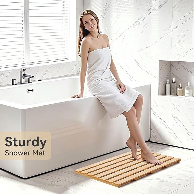 Bamboo Bath Mat for Tub, Non Slip Bath Mat for Shower, Waterproof Wood Bath Mat for Tub, Shower, Swimming Pool, Indoor & Outdoor (31.3"*18.1")