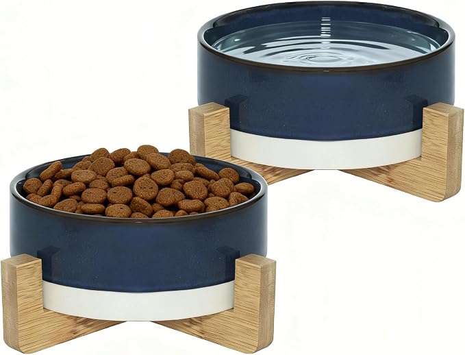 Elevated Ceramic Cat and Dog Double Bowl Set - 14 oz Lead-Free Feeder with Two Natural Bamboo Wood Stands (Blue)