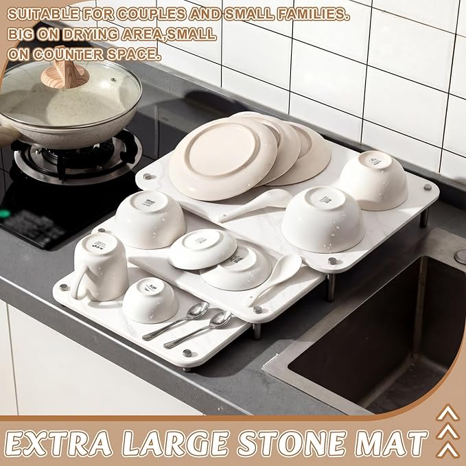 3 Pcs Nesting Stone Drying Mat for Kitchen Counter, Diatomaceous Dish Stone Drying Mats Quick for Kitchen Counter, Non Slip Feet, Heat Resistant, Nesting Stackable Design(Marble,White)