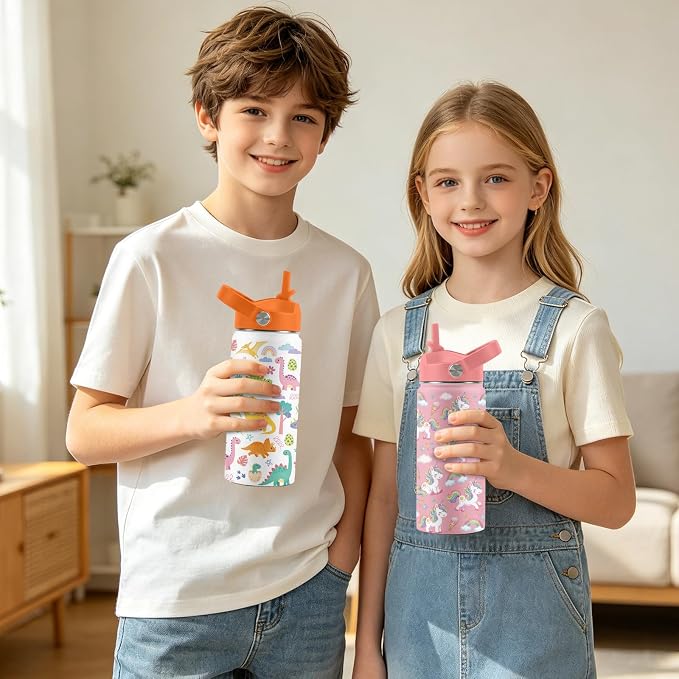 16 oz Water Bottle with Straw Lid, 2 Pack Set, Dinosaur Unicorn Gifts for Boys Girls, Stainless Steel Insulated Water Bottles for School Travel Outdoor Sports, Cute Cups Birthday Gifts