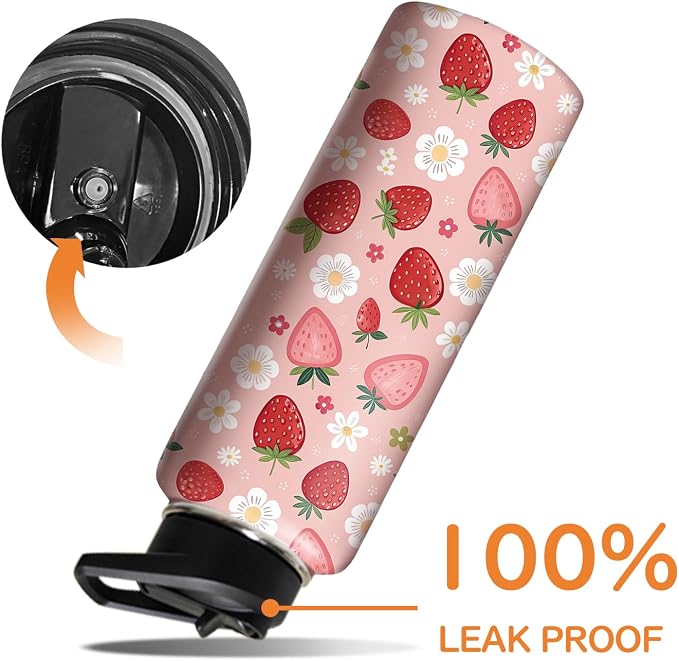 40oz Pink Strawberry Water Bottle with Handle and Flip Straw, Sports Stainless Steel Insulated Cup Travel Coffee Mug Tumbler, Birthday Mothers Day Chritmas Gifts for Women