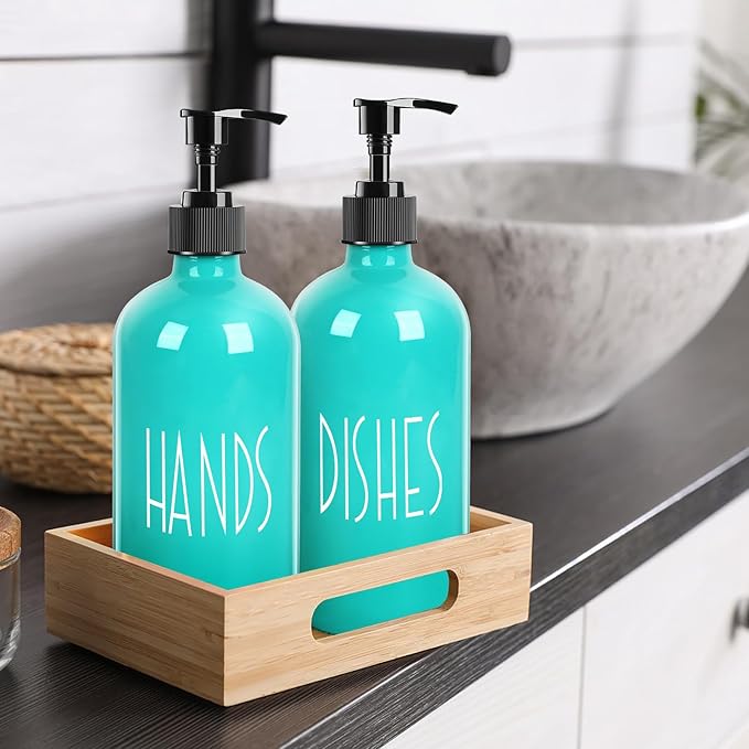 Glass Soap Dispenser with Plastic Pump for Kitchen - 16 OZ Glass Hand, Dish Soap Dispenser Set - Kitchen, Bathroom Decor and Accessories (Teal)