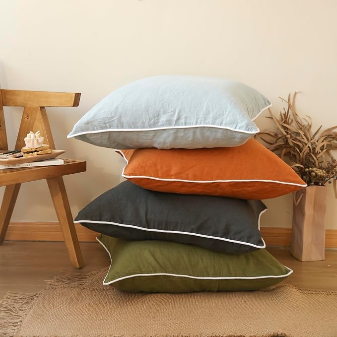 Simple&Opulence 100% Linen Euro Sham Covers with Piping Trim, 26"x26" Pillow Cover Set of 2, Breathable Pillow Shams for Bed Couch Decorative Cushions, Dark Grey
