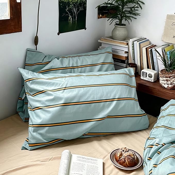 mixinni Retro Mint Blue Striped Duvet Cover Set - 100% Natural Cotton 3-Piece Vintage Stripes Pattern Printed Bedding Set, Soft Breathable Comforter Cover with Zipper & Ties, Twin XL Size