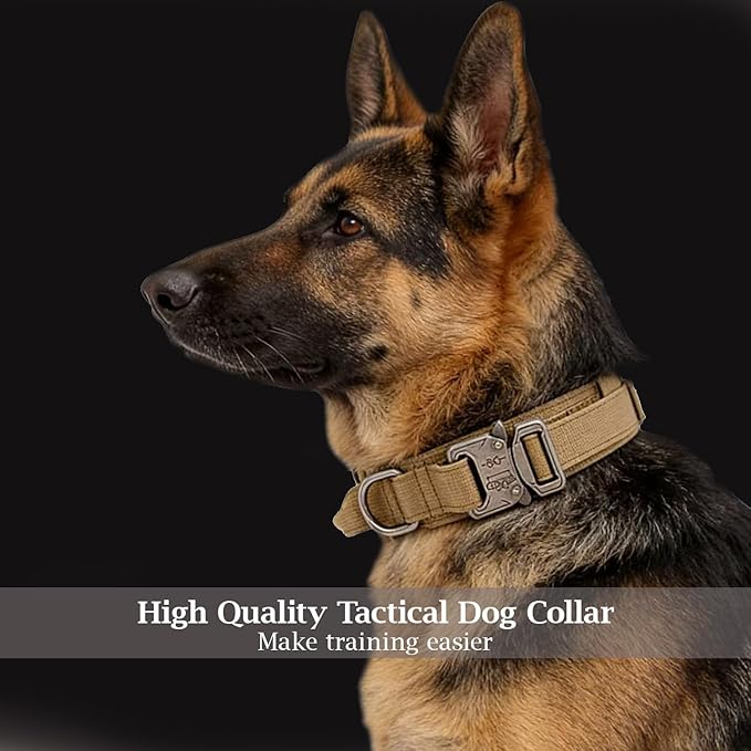 Tactical Dog Collar Adjustable Military Nylon Dog Collar with Control Handle and Heavy Duty Metal Buckle for Medium and Large Dogs (Brown,L)