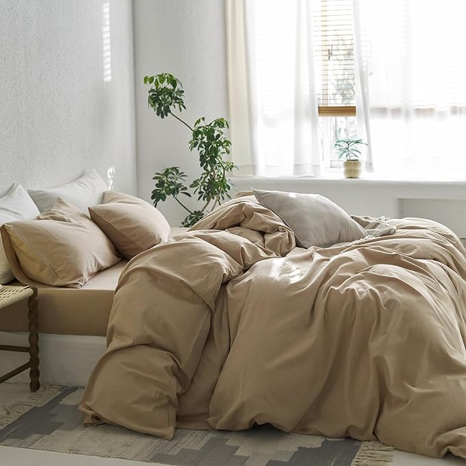 MooMee King Duvet Cover Set, 100% Washed Cotton Linen Like Twill Thick Sturdy Material Super Soft Breathable Durable Bedding for All Season, 3 Pieces (Camel, King 104"x90")