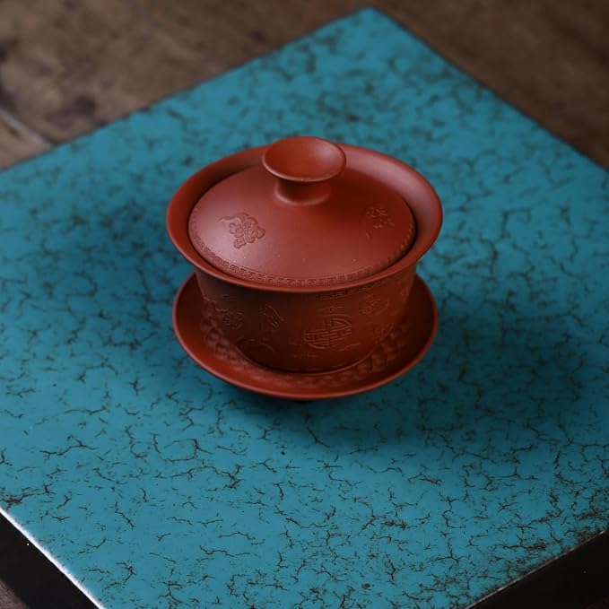 Yixing Clay Zisha Gaiwan 5 Oz/150ml,Chinese Kungfu Tea Bowl Cup,Blooming and Loose Leaf Tea Cup Set -Red Clay
