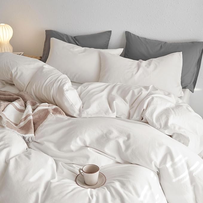 MooMee California King Duvet Cover Set, 100% Washed Cotton Linen Like Twill Thick Sturdy Material Super Soft Breathable Durable Bedding for All Season, 3 Pieces (Off White, Cal King 104"x98")