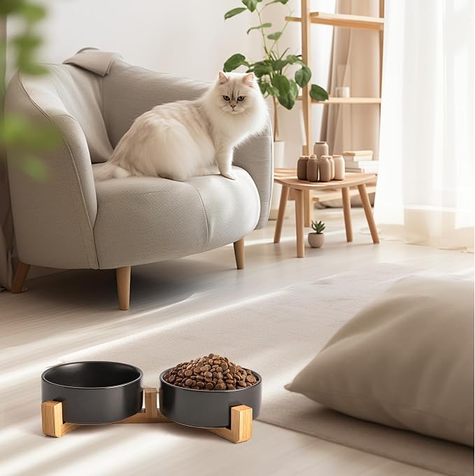 Kimdio Ceramic Dog Bowls with Wood Stand, 13.5OZ Pet Bowls Set of 2 for Medium Small Dogs and Cats - Non-Slip Base Cute Pet Food & Water Basic Bowls Glaze Matte-Black