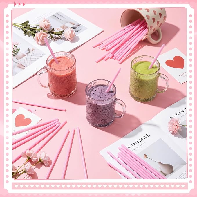 Honeydak 120 Pcs Reusable Hard Plastic Straws 9 Inch, Pink PP Drinking Straws Bulk for Iced Coffee Smoothies Cocktails Lemonade, Summer Patio BBQ Pool Party Supplies