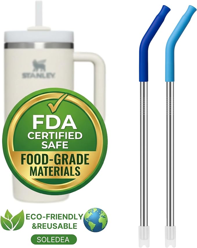 2 PCS 40oz Metal Straws for Stanley 40oz Cup & 64oz Jugs | Extra-Long Stainless Steel Straws with Removable Silicone Tips, Fits Large Tumblers & Oversized Mugs