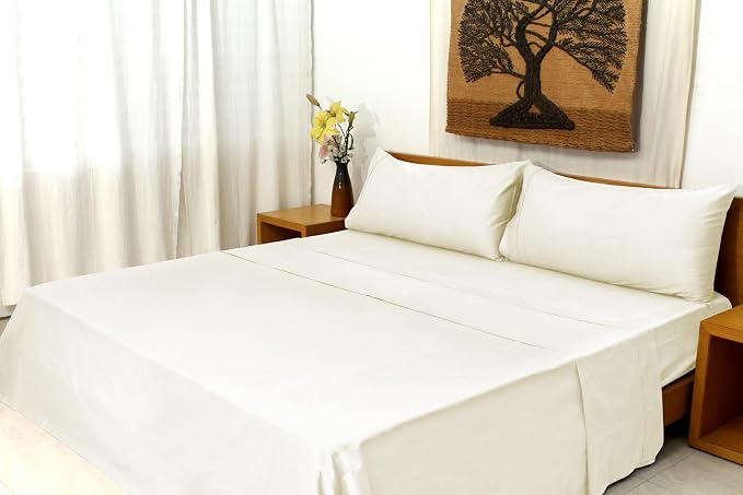Organic Cotton Long Staple Silky Soft Single Pick Sateen Bed Sheet Set - Luxurious & Premium Hotel Quality - GOTS Certified - Solid Dyed (Natural, King (U.S. Standard))