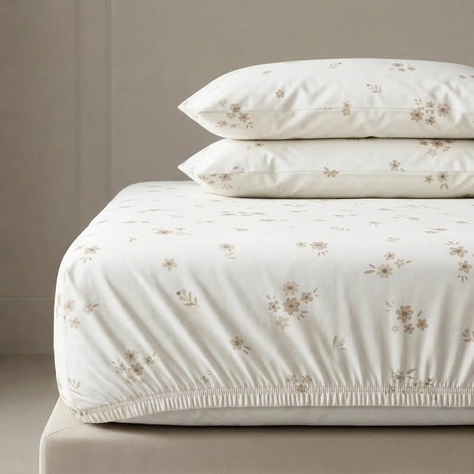 MakeMake Organics Organic Full Fitted Sheet Set GOTS Certified Organic Cotton Fitted Sheet with Pillowcase Ultra Soft Non Toxic Breathable Ditsy Flowers Modern Girls Room (Full, Bloom)