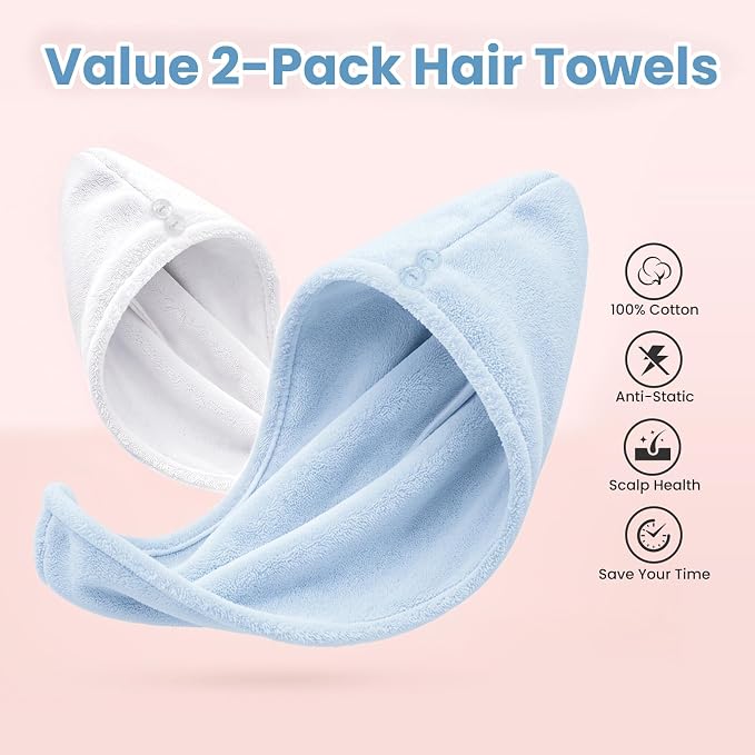 Mandydov 100% Cotton Hair Towel Wrap for Women, 2 Pack Thickened & Super Absorbent Turbans, Anti Frizz Quick Dry Hair Towels (White, Blue)
