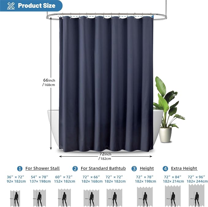 1 Pack Water-Repellent Fabric Shower Curtain Liner - Hotel Quality Machine Washable, 3 Heavy-Duty Magnets with Rustproof Grommets & Weighted Hem, Standard Size 72x66in Blue