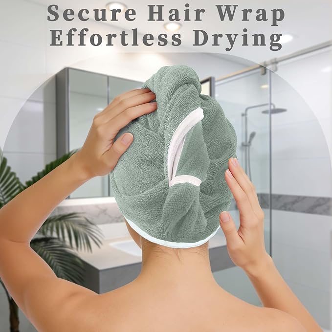 VOOVA & MOVAS Light Gray & White Microfiber Hair Towel, 2Pcs Button-Free Elastic Loop Hair Turban, Ultra Soft Quick Dry Hair Wrap, Highly Absorbent Anti Frizz Towel