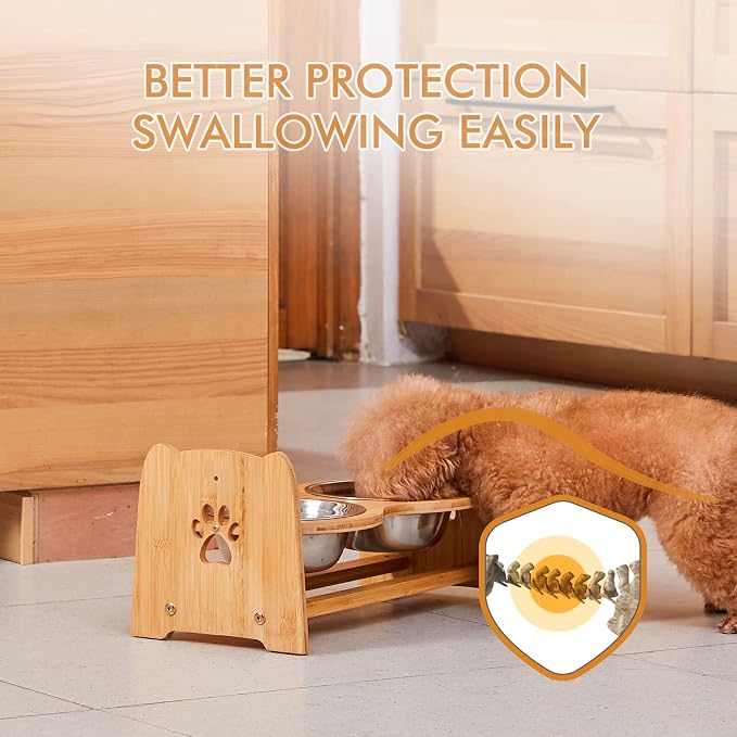 X-ZONE PET Elevated Dog Bowls for Cats and Dogs, Adjustable Bamboo Raised Dog Bowls for Medium Dog, Food and Water Set Stand Feeder with 2 Stainless Steel Bowls and Anti Slip Feet (Height 4.7" to 7")