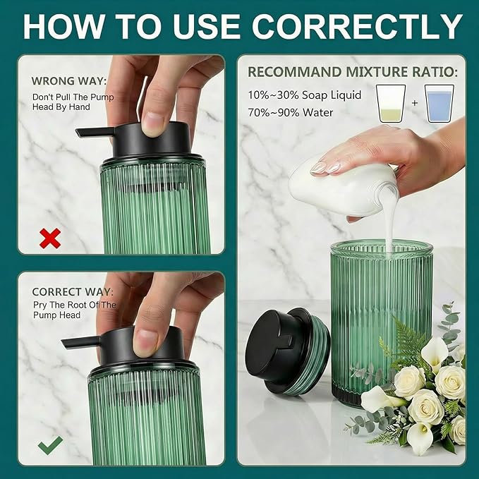 Green Glass Foaming Hand Soap Dispenser with Matte Black Pump Thick Striped Bottle Refillable for Bathroom and Kitchen Decor 12 fl oz