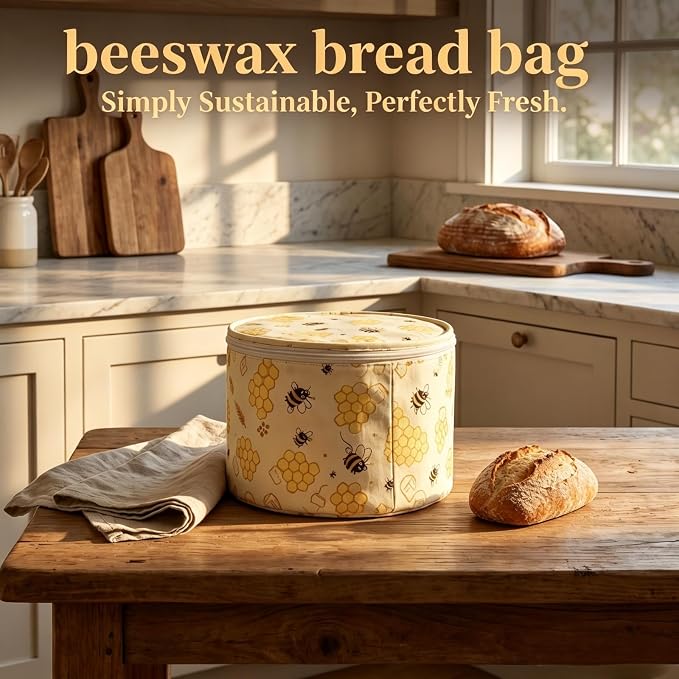 Organic Cotton Beeswax Bread Bags 9.8" x 6.Cotton Wash. Reus. Eco | Natural beeswax locks in freshness. Large reusable round Bread Bags for homemade sourdough. Organic cotton, freezer-safe