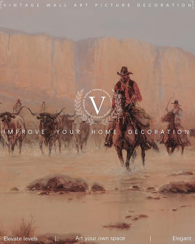Vodefoad Vintage Cowboy Oil Painting Rustic Western Scenery Cowboy Wall Art Prints Farmhouse Country Life Western Horse Rider Wall Decor for Bar, Garage Man Cave, Home, Southwestern Theme Decorations - 8x10Inch Unframe