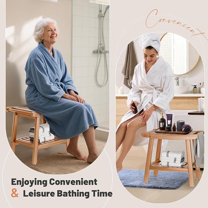 Bamboo Shower Bench for Inside Shower to Sit on,Waterproof Shower Stool for Shaving Legs,Spa Bathroom Shower Chair with Storage Shelf, Bathroom Bench Seat-Natural Bamboo