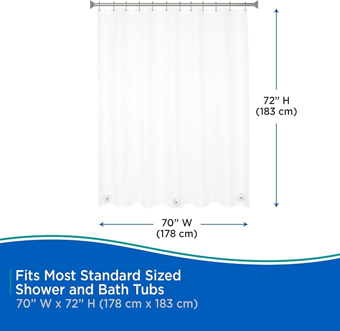 Kenney KN61443 Medium Weight 5 Gauge Waterproof PEVA Shower Curtain Liner with Rust-Resistant Metal Grommets and Weighted Magnetic Hem for Bathroom, 70" W x 72" H, Clear, 1-Pack