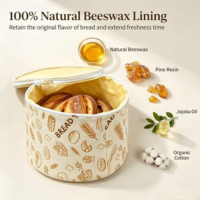 Organic Cotton Beeswax Bread Bags 9.8" x 6.Cotton Wash. Reus. Eco | Natural beeswax locks in freshness. Large reusable round Bread Bags for homemade sourdough. Organic cotton, freezer-safe