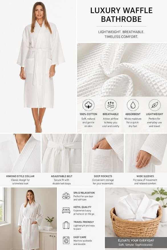 C&A COLLECTION Bath RObe waffle knit 100% cotton Light weight one size fits most Unisex for Spa,hotel and bath, White