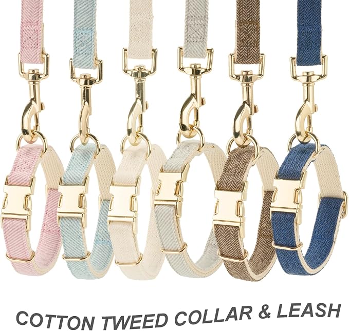 Luxury Soft Cotton Tweed Fabric Dog Collar & Leash Set with Gold Buckle – Durable Fabric, Stylish Design for Everyday Walks(Large LtBlue)