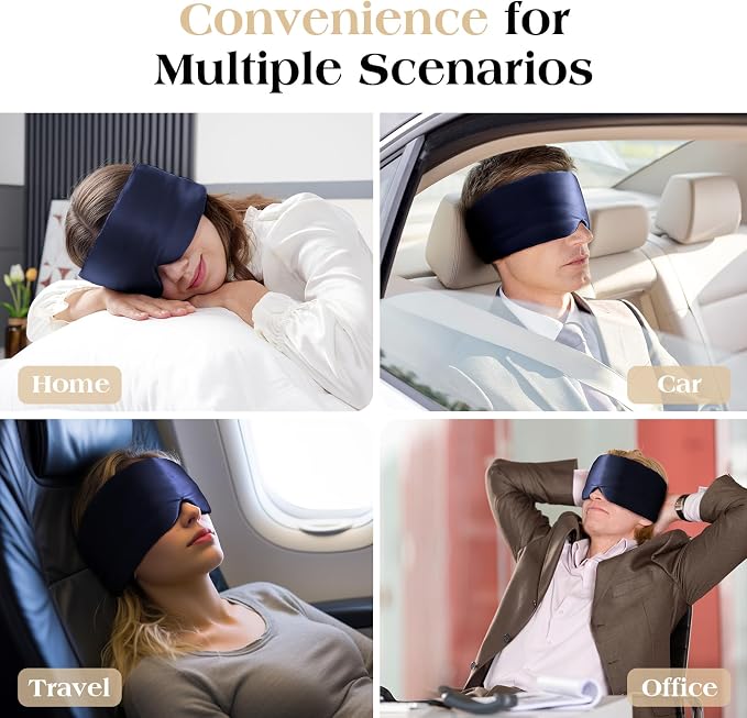 100% Natural Mulberry Silk Sleep Mask, Comfortable Soft for Deep Sleep, Blackout Effect, Wide Adjustable Band, Eye Mask for Women and Men. Ideal for Travel, Office, Daily(Navy Blue)