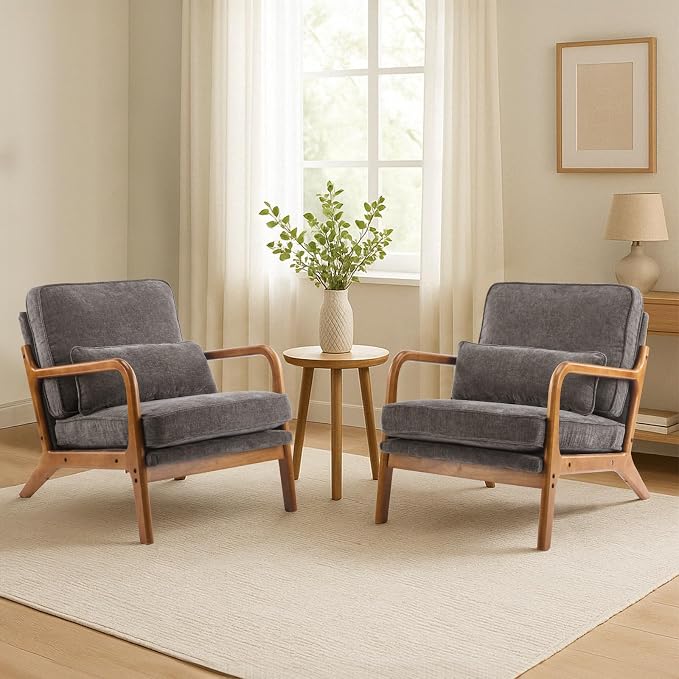 Karl home Mid-Century Modern Accent Reading Chair, Grey | Chenille Upholstered, Solid Wood Frame, Soft Cushion, Lumbar Pillow, Lounge Armchair for Living Room, Bedroom, Balcony, Study