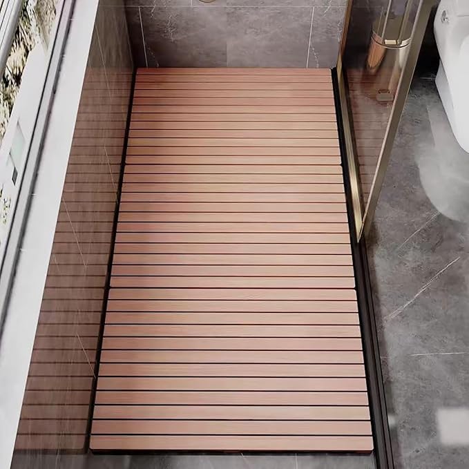 Teak Shower Mat Foldable Luxury Wooden Non-Slip Wood Bath Mat for Bathroom Bathtub Indoor Outdoor,(Customizable Solid Teak Wood Shower Floor Mat - Anti-Slip Bath Mat with Center Drain Hole,