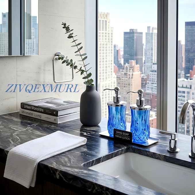 2 Pack 9 Oz Glass Soap Dispenser with Stainless Steel Pump, Blue Round Textured Refillable Soap Dispenser with Vertical Fluting for Lotion, Hand Soap, Body Wash, Kitchen Bathroom Counter Organizer