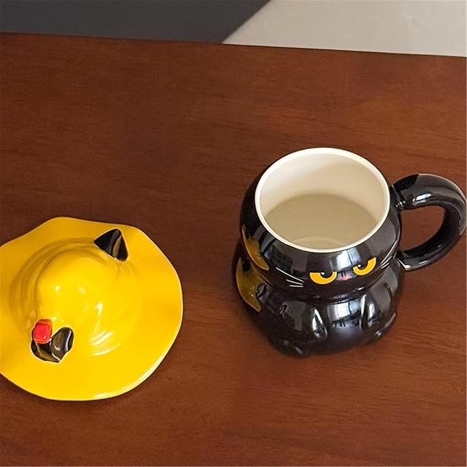 Coffee Mug Cups Ceramic Tea Cup Black Cat Animal Handmade Pottery Cute Mugs with Wizard Hat Lid Handle Office Home Hot Ice Chocolate Milk Mugs Gifts Microwave Dishwasher Safe 16 Oz Travel Mug (Black)